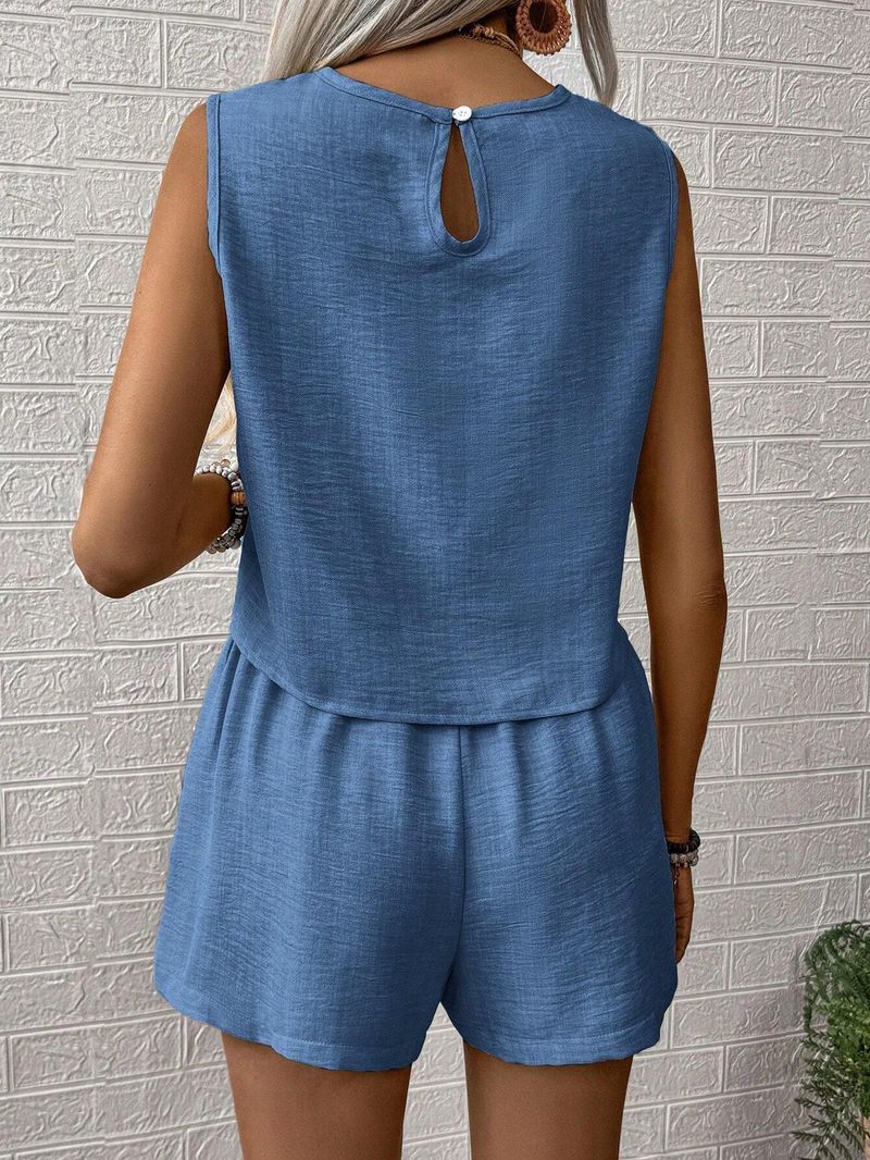 2 Parça Setler Kadın Yaz Kolsuz Yelek Geniş Paça Şort Tatil Plaj Kısa Pantolon Takım Cepleri Vintage Kırpılmış Üstler Kıyafetler_voghion.com