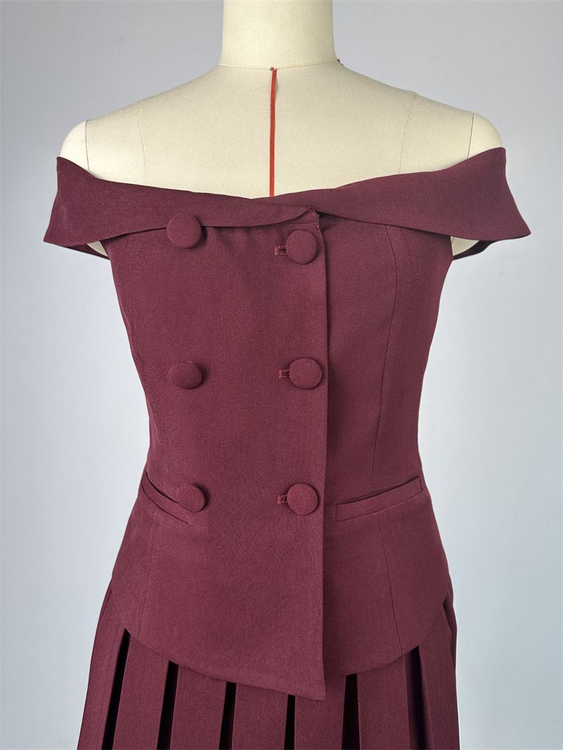 Dameskleding nieuwe mode off shoulder double breasted top geplooide rok pak_voghion.com