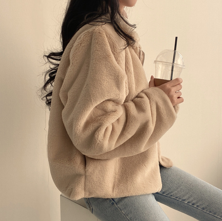 Women's lapel zipper plush feeling loose and versatile short style thickened long-sleeved coat for women_voghion.com