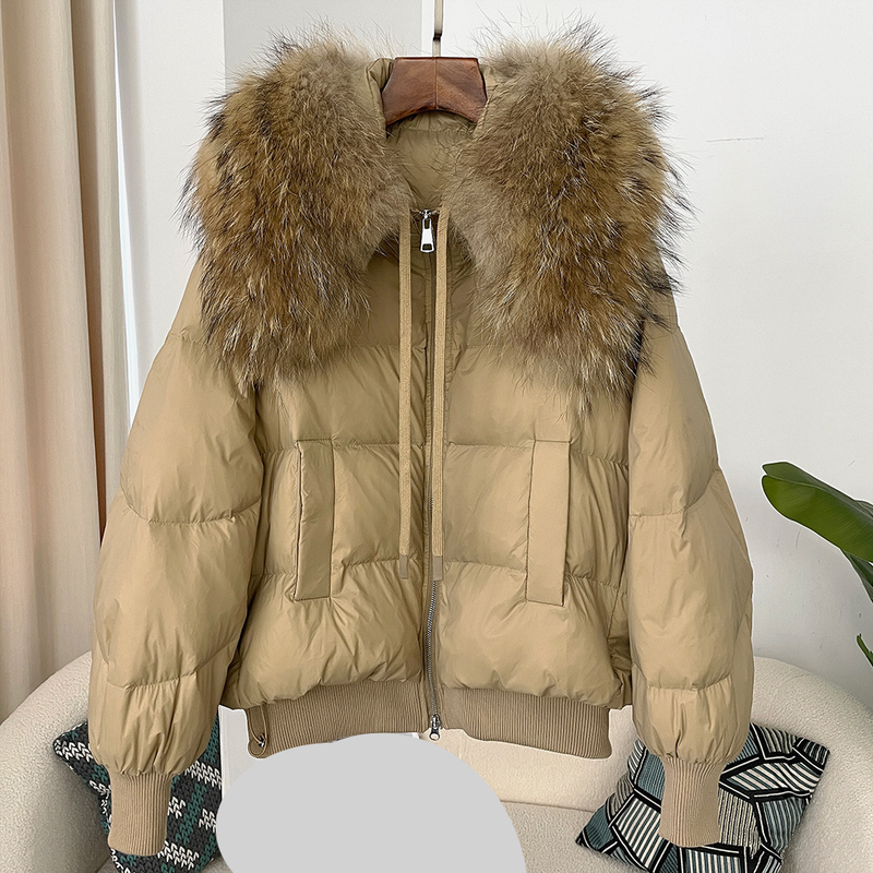 Dameskleding Oversized wasbeerbontkraag Winter Dames korte verdikte witte eendendonsjas platte jas jas_voghion.com