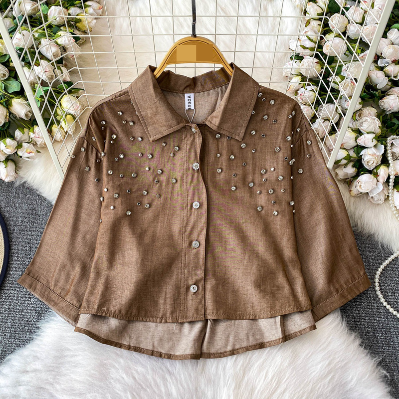 Luxe blouse met versieringen voor dames, statement revers, top met halflange mouwen, 8 levendige kleuren (zwart/groen/rood/meer) voor op kantoor en een avondje uit_voghion.com