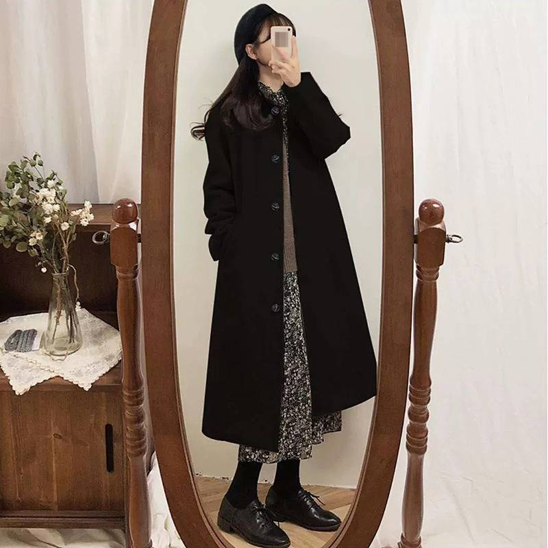 Trenchcoat im klassischen britischen Stil für Damen – mittellanger Mantel aus Wollmischung mit Gürtel in der Taille, zweireihiges Design für kleine bis große Größen (schwarz)_voghion.com
