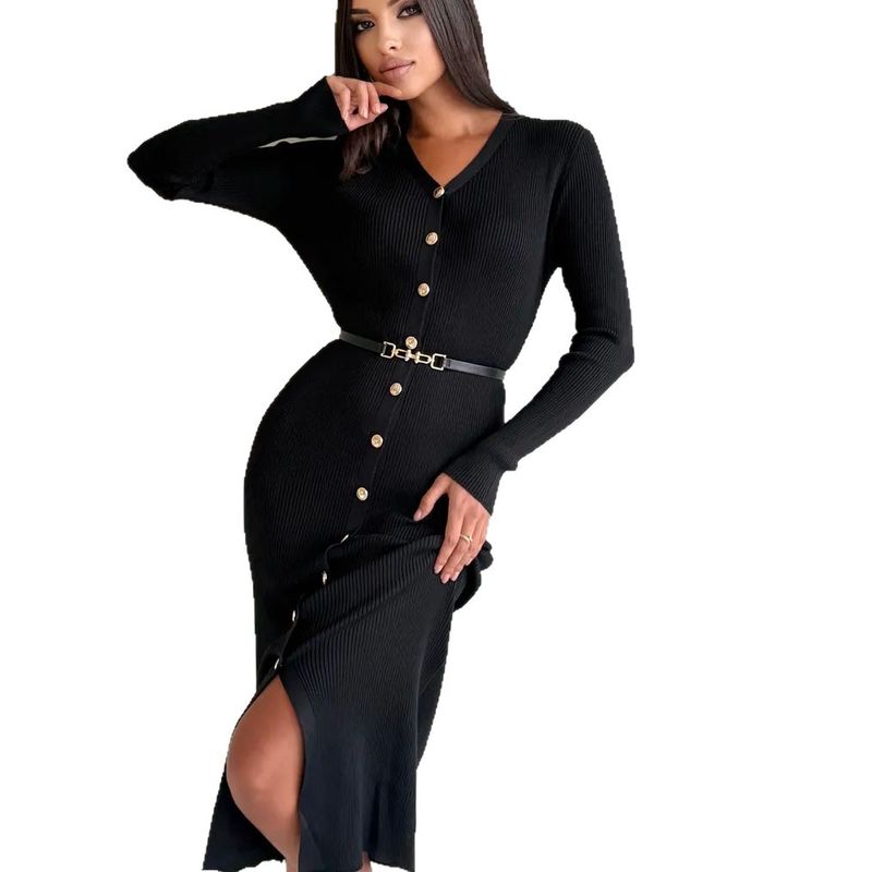 Women's Clothing Elegant V-Neck Long Sleeve Ribbed Knit Dress For Women - Stretchy Polyester, Plus Size, Office & Casual Wear (Available In 6 Colors)_voghion.com