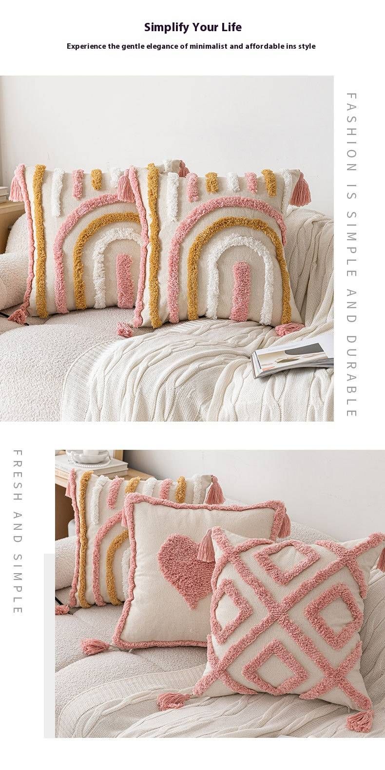 Cojín de corazón con mechones esponjosos: suave y lavable, estilo bohemio, para sofá, cama y habitación de bebé (rosa, 40,6 x 40,6 cm)_voghion.com