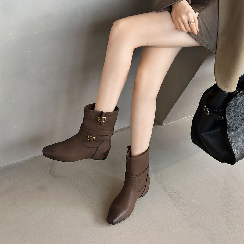 Cameido Women's Fashion Boots Short Ankle Knight Boots With Belt Buckle Flat Heel Hidden Lift Square Toe_voghion.com