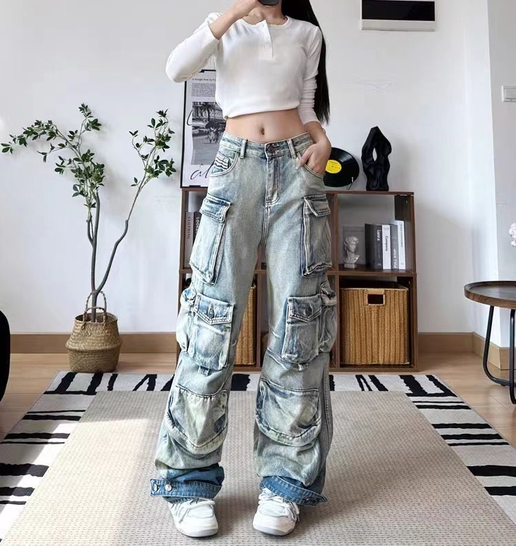 Vêtements pour femmes Nouveau style de rue Grande poche Design Délavé Dégradé Vêtements de travail Pantalon parachutiste Jeans décontractés_voghion.com
