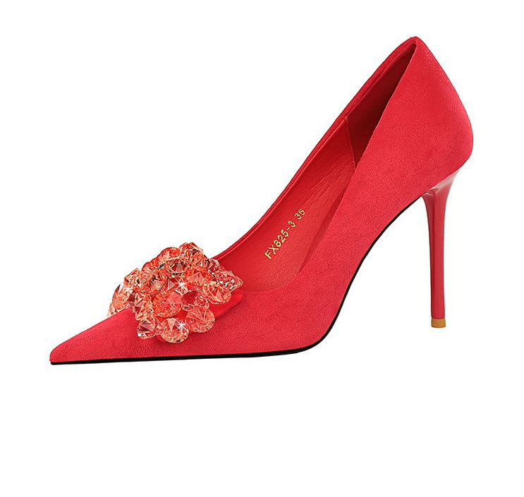 Banquet High Heels Women's with Thin Heels, Suede, Shallow Mouth, Pointed Water Diamond Bow Single Shoes_voghion.com