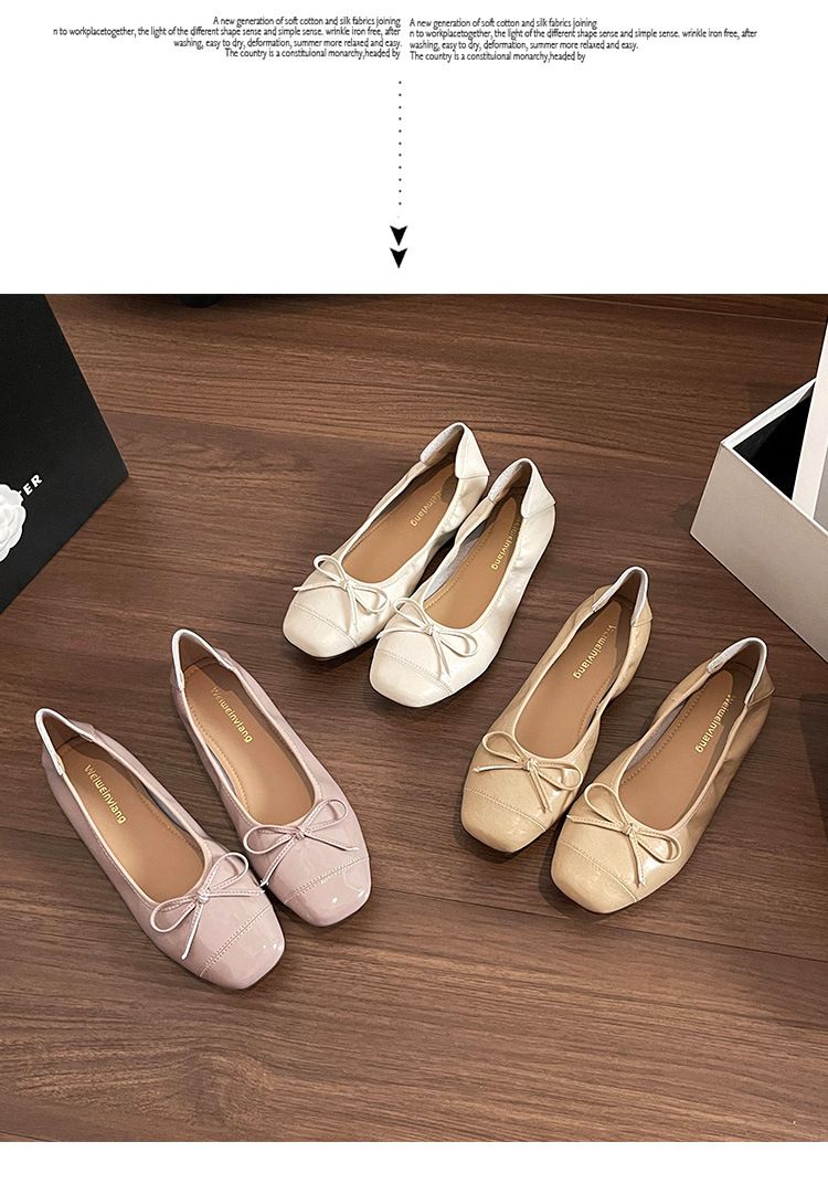 Square Head Bow Ballet Single Shoes Women's Flat-soled Laden Shoes French One-pedal Beanie Shoes_voghion.com