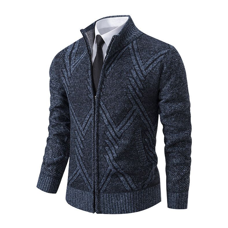 "Men’s Fleece-Lined Stand Collar Knit Sweater – Slim-Fit Long Sleeve Pullover With Breathable Polyester Blend & Wrinkle-Free Finish_voghion.com