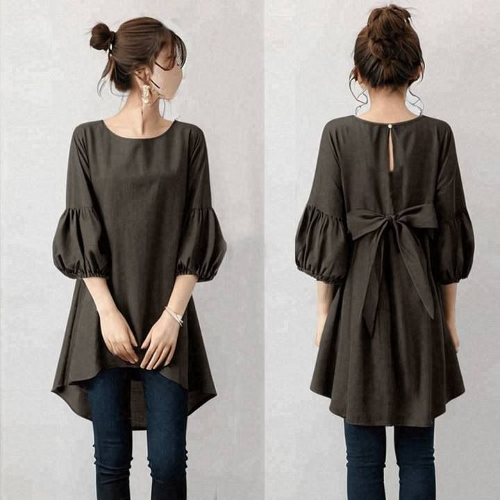 Disponibile in stile giapponese 2025, nuova primavera, tinta unita, scollo rotondo, manica a lanterna 7/10, laccio posteriore_voghion.com