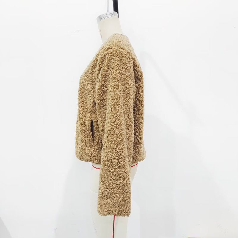 Chaqueta polar con cremallera de moda para mujer: prenda exterior suave y elegante con efecto 3D, cuello redondo y botones (caqui, talla S/M/L)_voghion.com