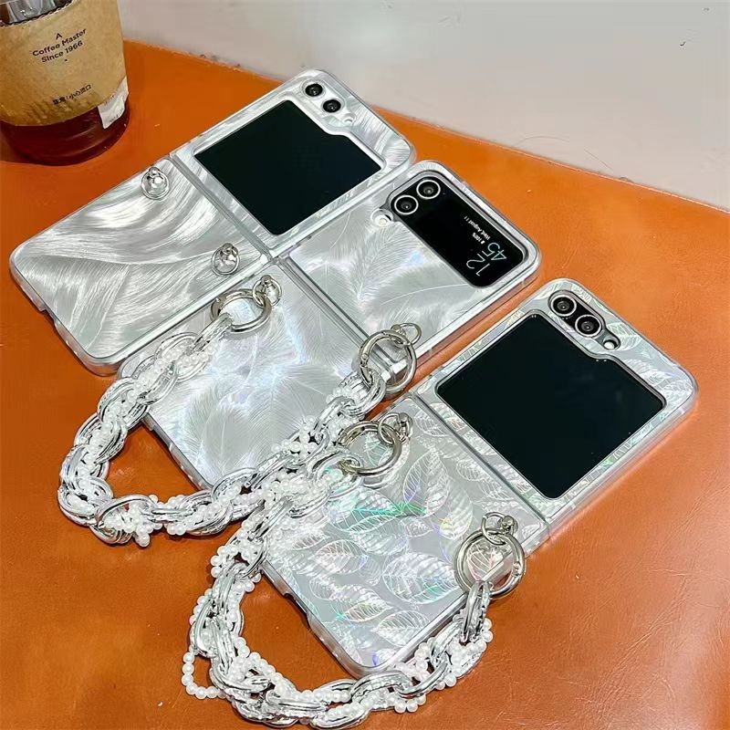 For Samsung Galaxy Z Flip 3 4 5 5G Luxury Feather Leaf Laser Diamond Pearl Chain Wrist Bracelet Phone Case Cover_voghion.com