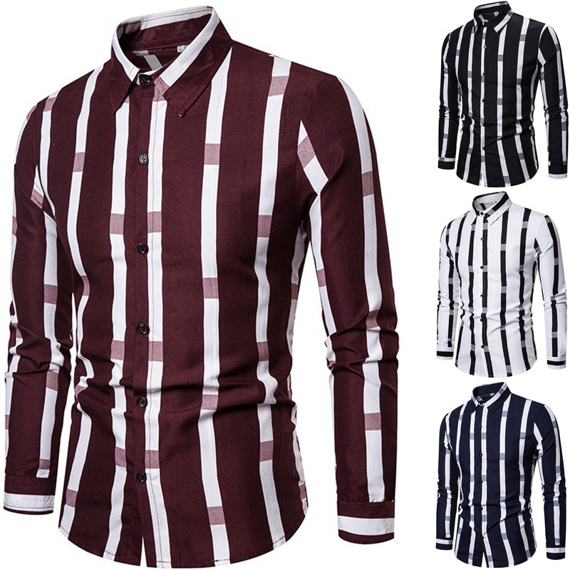 Camicia da uomo Camicia a righe a maniche lunghe Camicia da lavoro casual allentata con risvolto_voghion.com