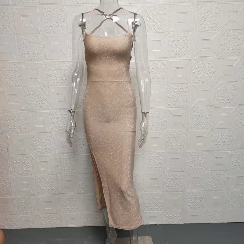 Women's Suspenders, Bibs, Leaky Back, Tube Top, Gold Slit Dress_voghion.com