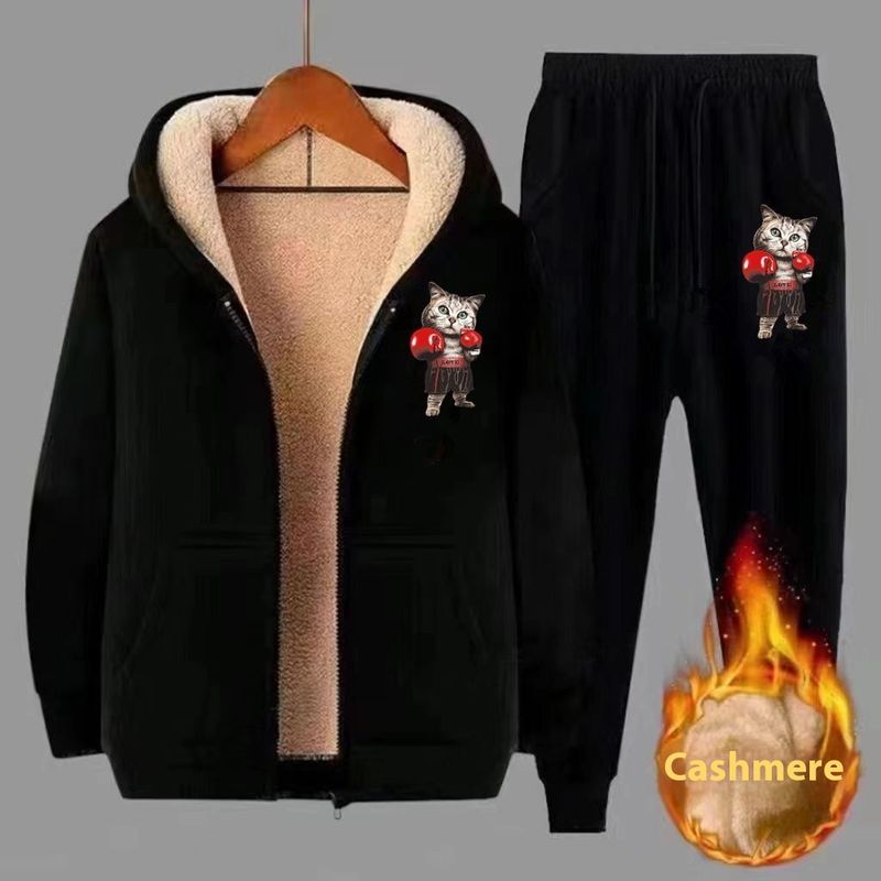 Traje deportivo informal de invierno para hombre, de lana de cordero, cárdigan, sudadera cálida con capucha y pantalones con lazo en las piernas, talla 12_voghion.com