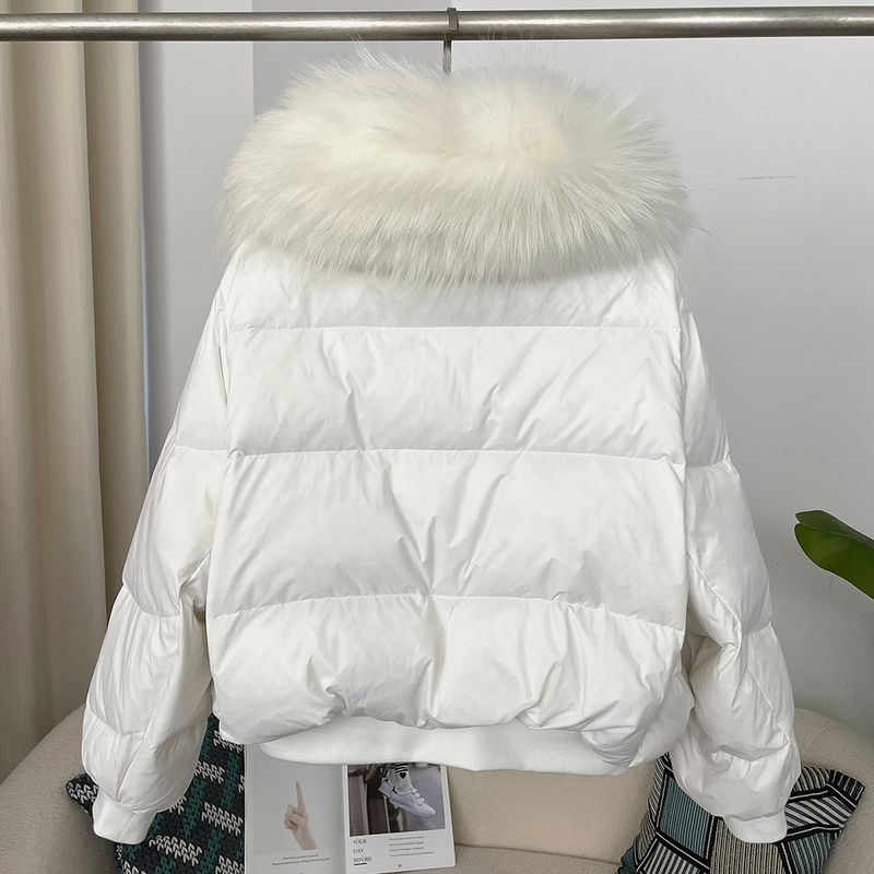 Women's Clothing Ready to stock detachable oversized raccoon fur collar winter women's short thickened white duck Warm jacket jacket flat coat coat_voghion.com