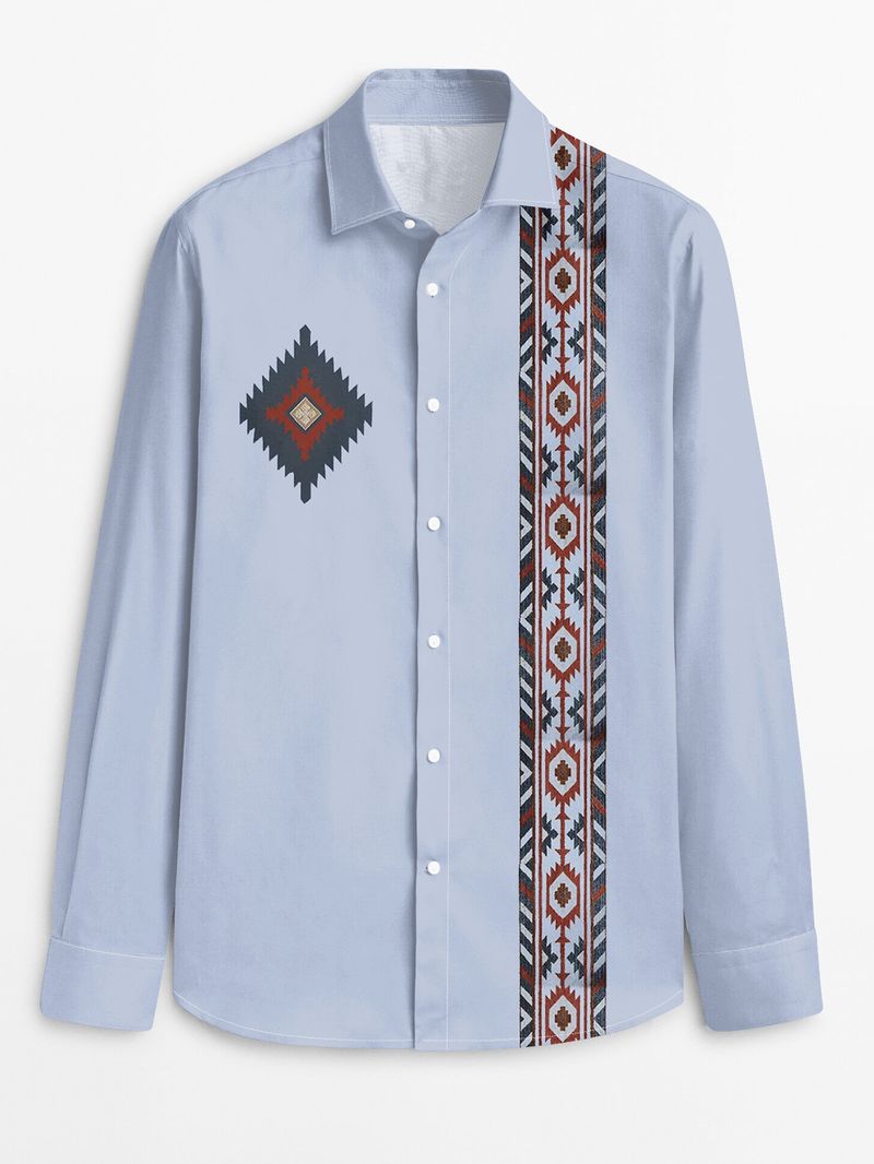 Herren-Langarmhemd mit Print – Lässiges Button-Down-Hemd mit ethnischem Muster, Stretch-Polyester, maschinenwaschbar, normale Passform für Frühling und Herbst_voghion.com