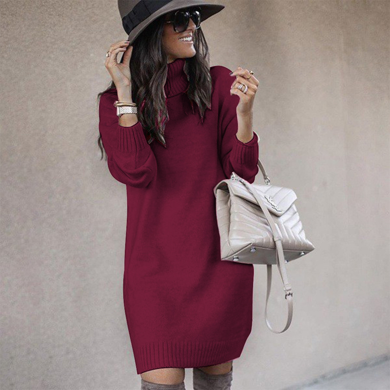 Pull à col roulé mi-long de couleur unie pour femme, haut à la mode_voghion.com