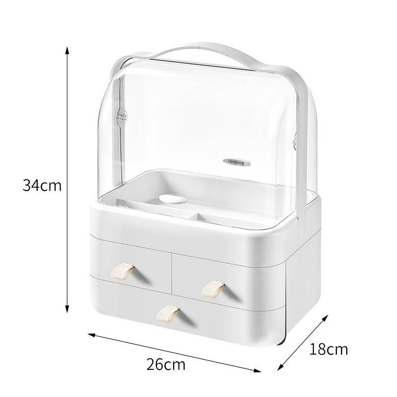 3-stufiger staubdichter Make-up-Organizer mit Schubladengriff, tragbare Kosmetik-Aufbewahrungsbox aus Acryl für Lippenstift, Hautpflege-Schönheitswerkzeuge, Schreibtisch-Kosmetikkoffer_voghion.com