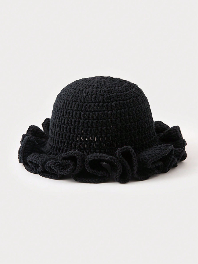 Solid Color Hand Woven Knitted Hat Bohemian Style Hollowed Out Pleated Hat, Bamboo Hat, Ruffled Edge Pullover Hat_voghion.com