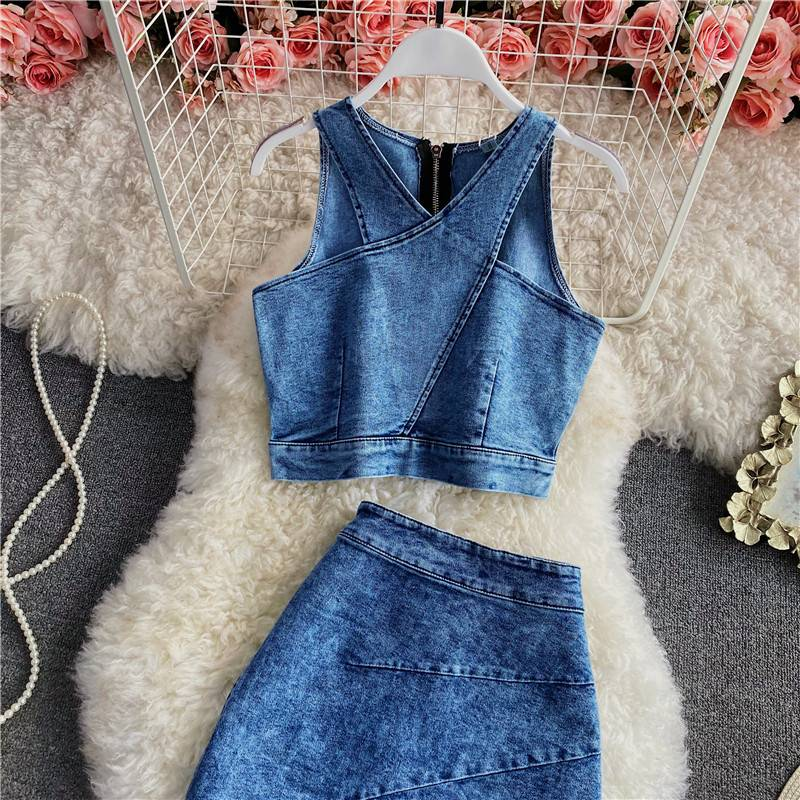 Roupas femininas novas Slim Fit zíper curto Denim camisola duas peças terno irregular fenda quadril saia_voghion.com
