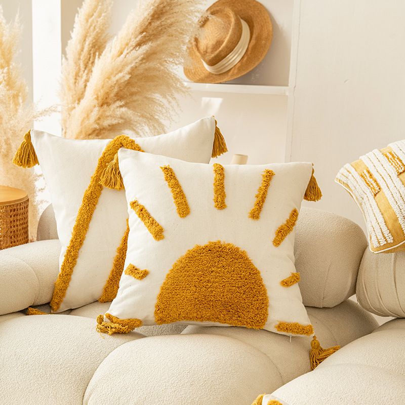 Cuscino decorativo Bohemian Gold Sun con nappe - Fodera per cuscino in ciniglia con motivo geometrico per divano, letto e arredamento per la casa_voghion.com