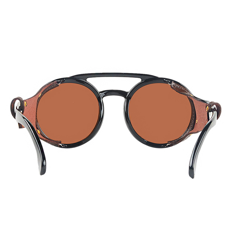 KEITHION Steampunk-Stil, runde Vintage-Sonnenbrille, Retro-Brille für Männer und Frauen, mit Leder-Seitenbrille, UV400_voghion.com