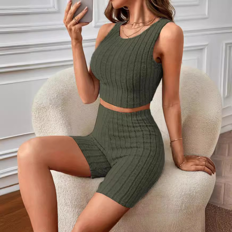 New Style Home Wear Weste mit hoher Taille, modisch, lässig, bequem, Rundhalsausschnitt, Damen-Set_voghion.com