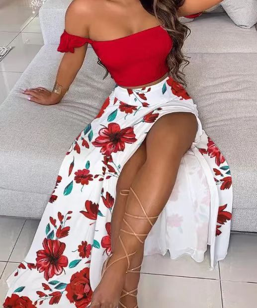 Divdaļīgs boho šika ansambļa tops ar atsedzošiem pleciem un ziedu raksta augstpapēžu garuma, sadalīti maksi svārki, sieviešu vasaras ikdienas kleitu komplekti_voghion.com