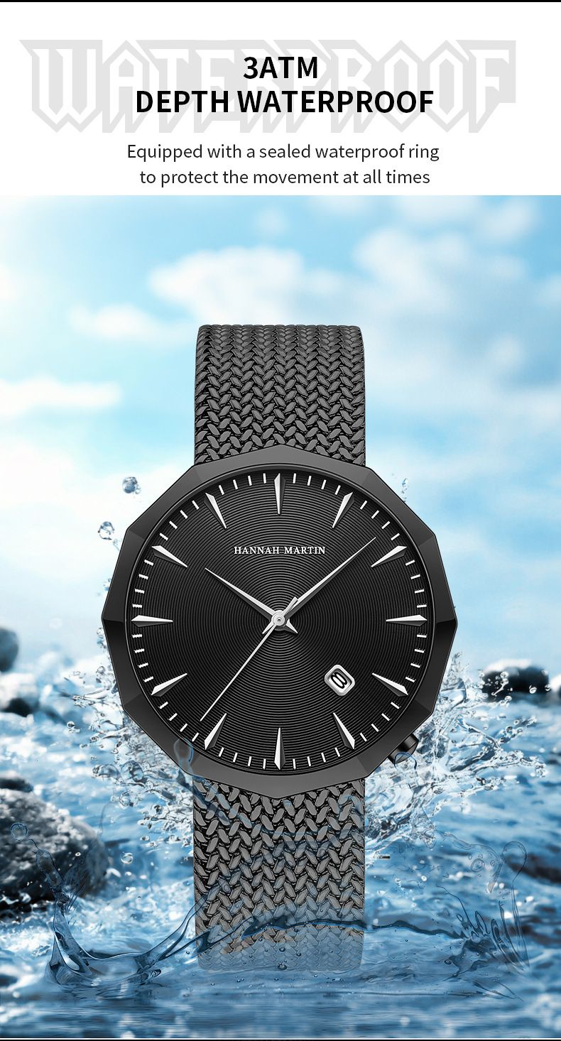 Hannah Martin Men's Watch New Stainless Steel Band Men's Watch Casual Simple Calendar Quartz Waterproof Angular Watch_voghion.com