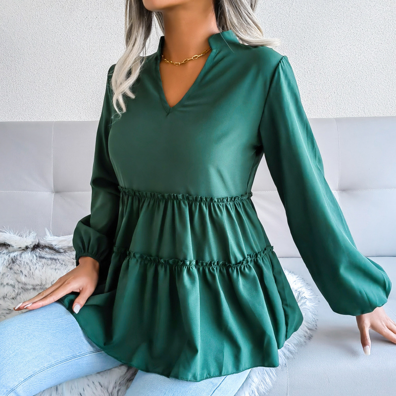 2023 Lantern Long Sleeve Casual Loose Ruffle Hem Chiffon Blouse Women's Fashion_voghion.com