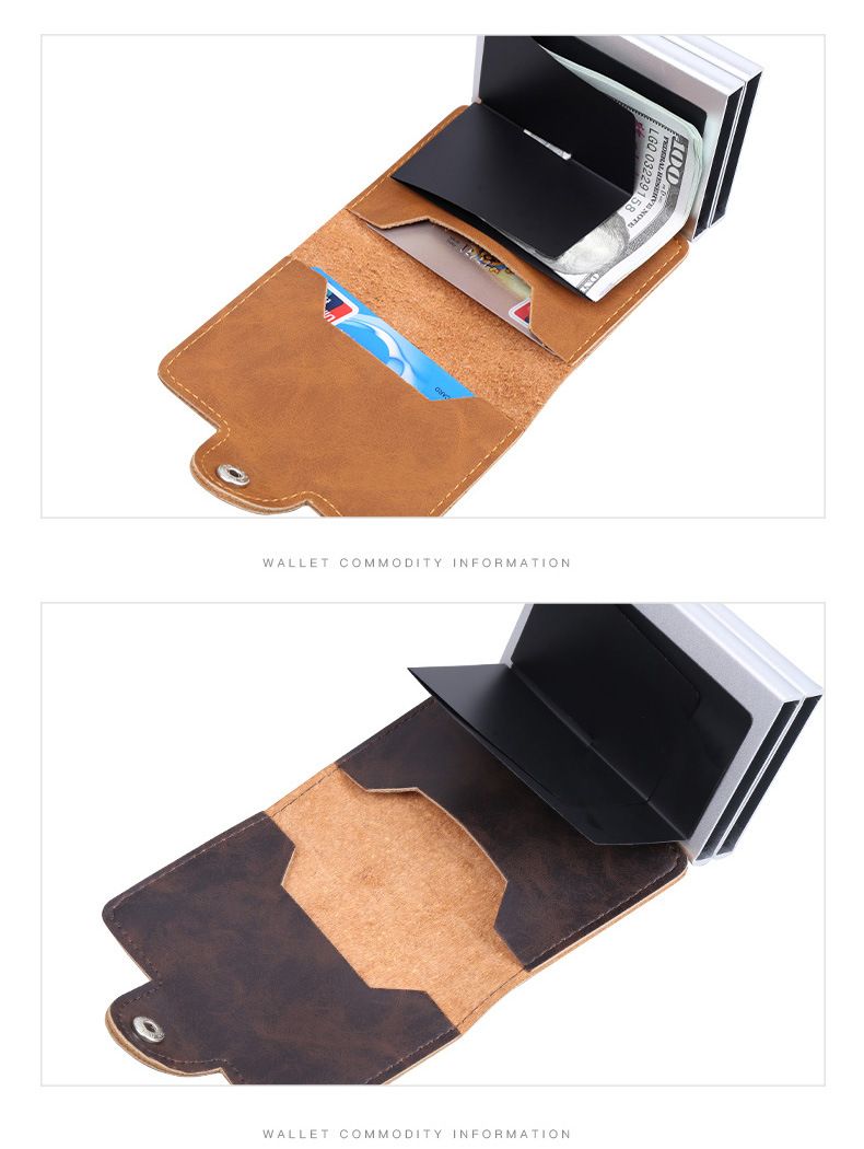 Kártyatartós pénztárca, bőr talpú, mikroszálas, dupla kártyatartóval, RFID antimagnetizáló kártyatartóval, kétszínű alumíniumötvözetből készült, automata pénztárca_voghion.com