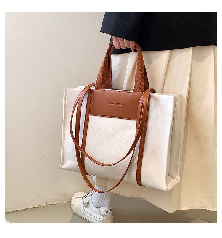 Borse tote da donna, semplici borse tote da donna con colori di tela a contrasto e tracolla singola di grande capacità._voghion.com