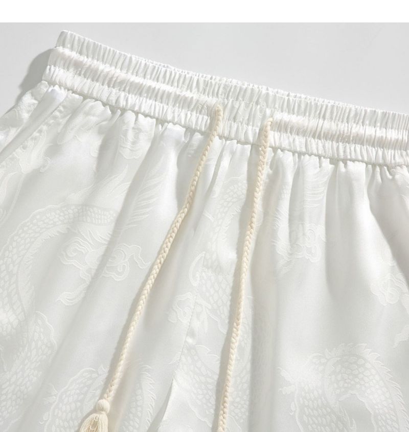 Herrenbekleidung Sommer Neue chinesische Stil Drachenmuster Jacquard Ice Silk Hose Neue chinesische Stil gerade Gabel Knopf gerade Shorts Männer_voghion.com