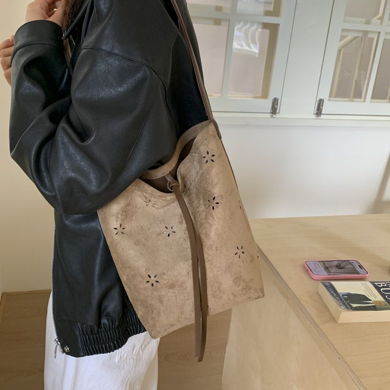 Borsa a secchiello in pelle scamosciata di grande capacità, stile coreano, elegante, da donna, nuova, 2025, con tracolla singola_voghion.com