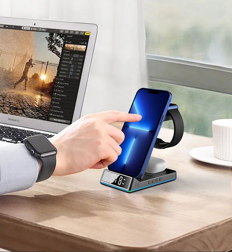 Silent Wireless Charger in Bedroom - for Samsung and iPhone iWatch AirPod, alarm clock settings, night lights, phone holder functions_voghion.com