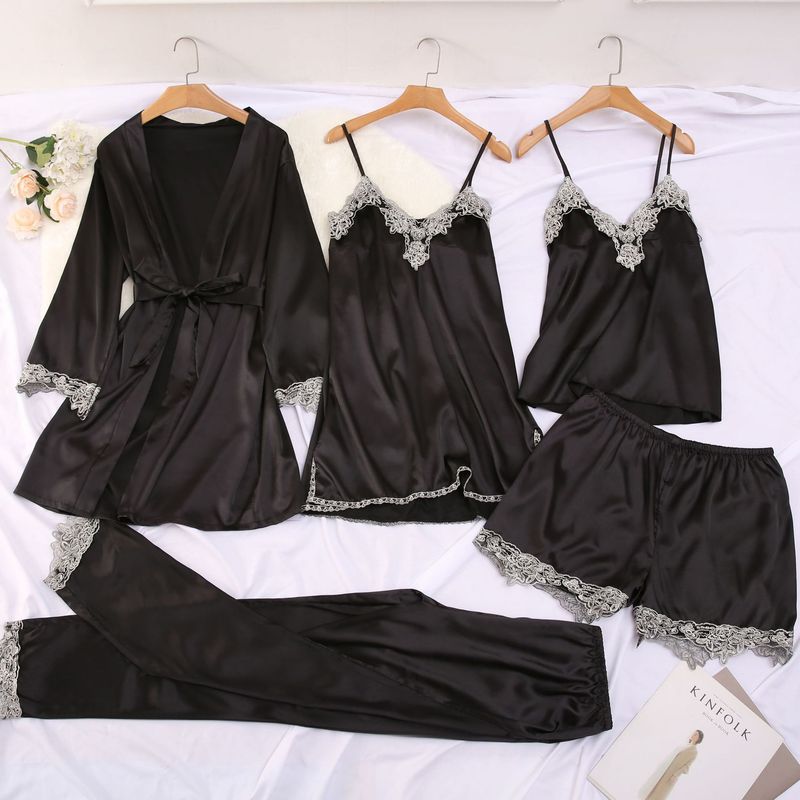 Luxury 5-Piece Satin Pajama Set For Women – Elegant Lace Trim Nightwear | Sexy & Comfortable Sleepwear Lingerie_voghion.com