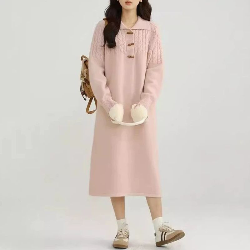 Maglione coreano da donna in maglia a trecce con bottoni in corno, colletto rovesciato, lunghezza media, nuovo abito lavorato a maglia ampio e casual per l'autunno_voghion.com