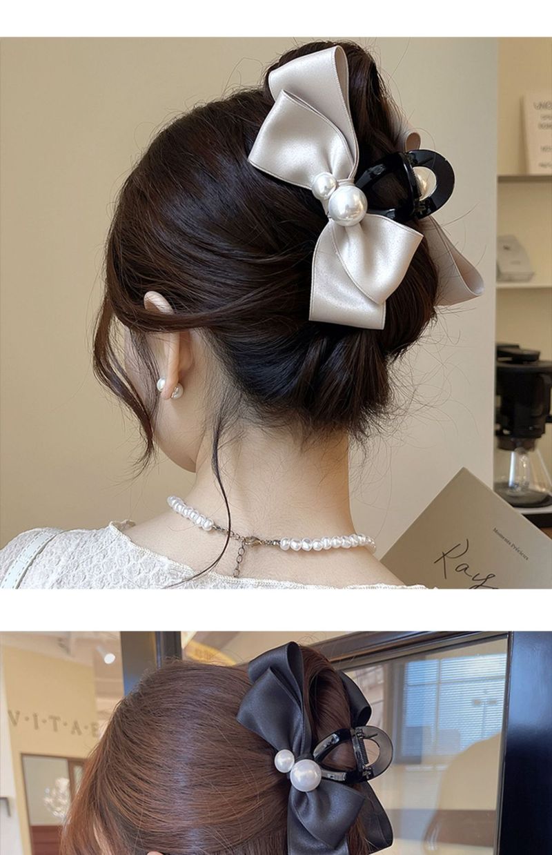 Haarspange mit Schleife, Temperament, Perle, große Schleife, Premium-Haifisch-Clip, Kopfbedeckung, Haarnadel am Hinterkopf einer Frau_voghion.com