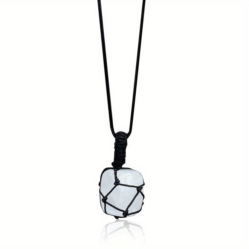 Hand-Woven Amethyst & Agate Pendant Necklace - Irregular Raw Stone Woven Net Bag Sweater Chain For Boho & Hippie Style (18")_voghion.com