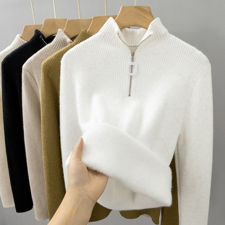 Damski sweter z grubej dzianiny z podszewką z polaru, zapinany na zamek do połowy – miękki półgolf na zimę i jesień (biały, czarny, beżowy, khaki, uniwersalny)_voghion.com