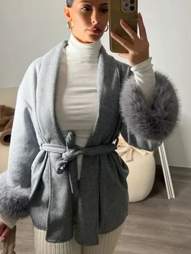 Women's Clothing Autumn And Winter Woolen Coat Short Coat Women's Cuffs Fur V Neck Lace Up Solid Color_voghion.com