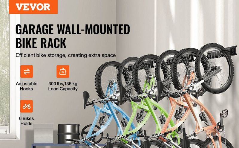 VEVOR Bike Storage Rack, 6 Bike Racks And 3 Helmets Hooks, Wall Mount Bike Storage Hanger, Home & Garage Organizer, Customizable For Various Bike Sizes, Adjustable Holder, Holds Up To 300 Lbs, 48-inch_voghion.com