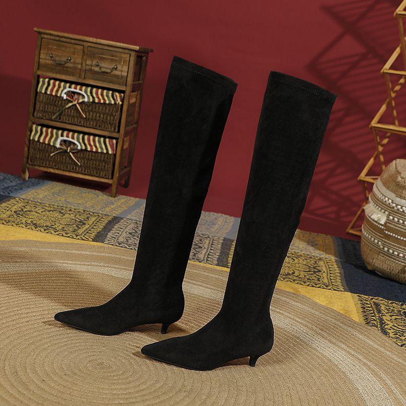 31712-15 Overknee Lange Antislip Zwarte Suède Basic Stijl Herfst Winter Sokken Mode Elastische Hoge Hak Laarzen_voghion.com