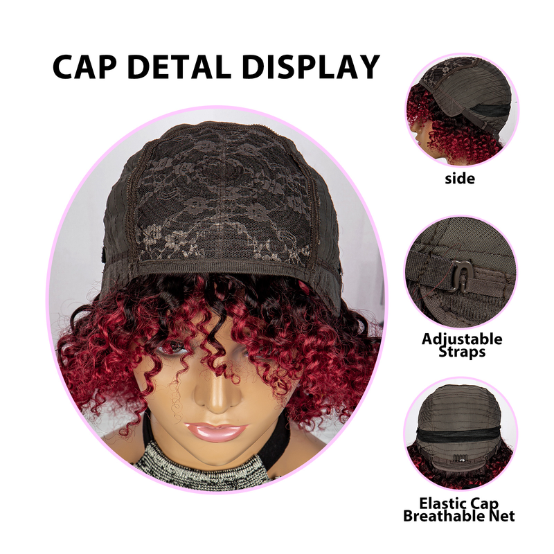 Burgundy human hair machine-made short curly bangs full head two-color wig_voghion.com