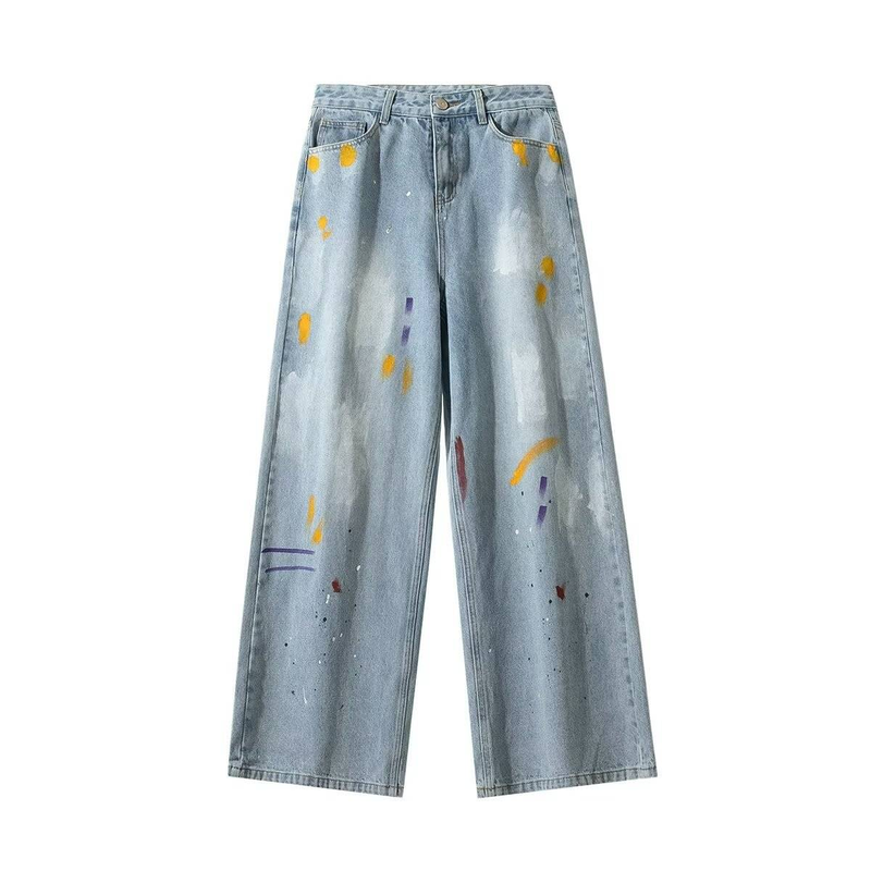 Men's Clothing Fashion brand design paint dot graffiti jeans men's autumn loose straight wide leg pants couple style casual trousers_voghion.com
