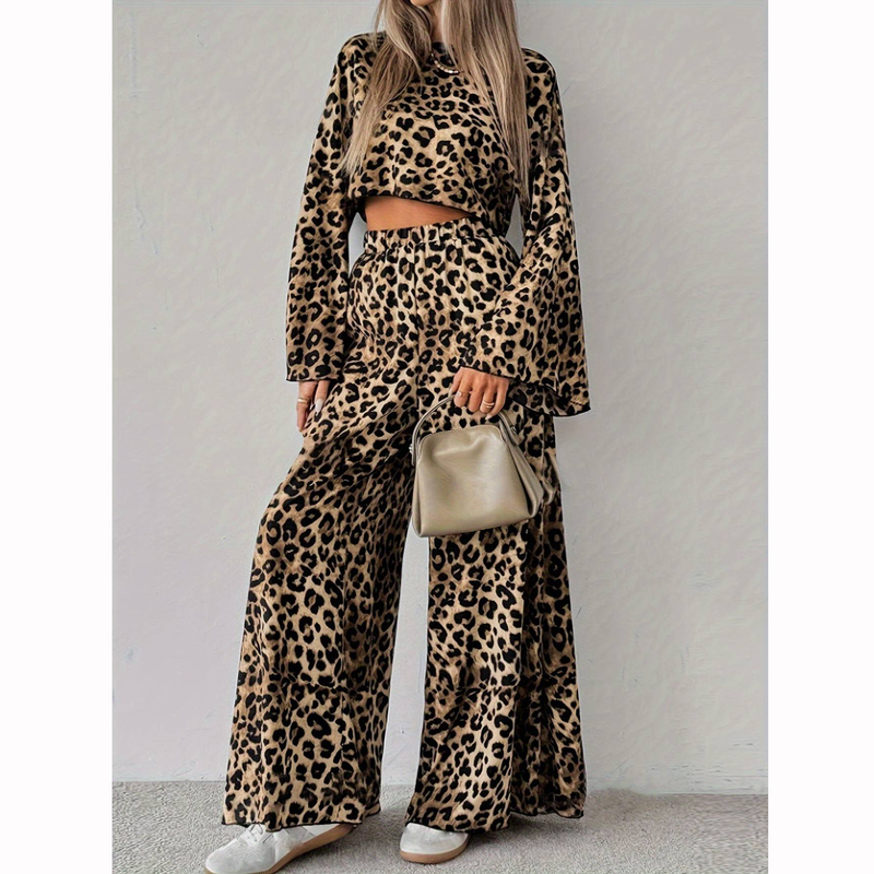 Vêtements pour femmes Printemps Imprimé léopard Ample et confortable Pantalon à manches longues Ensemble deux pièces_voghion.com