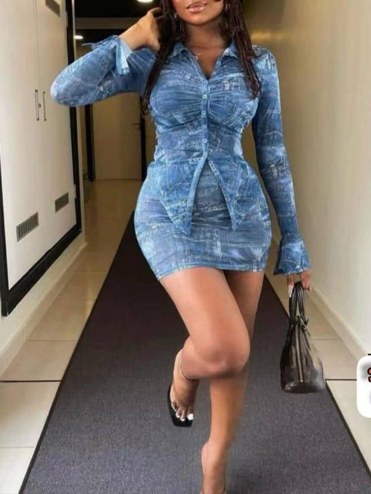 Roupas femininas Retro Denim Terno de duas peças com modelagem corporal plissada Top de manga comprida Saia de quadril elegante e versátil_voghion.com