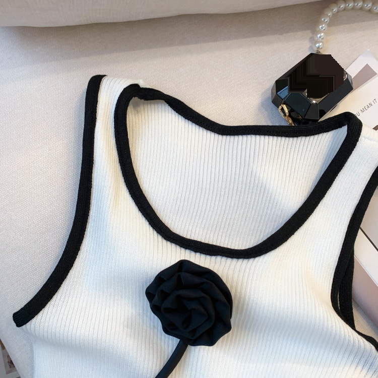 Maglietta in maglia di seta ghiacciata con bretelle e gilet senza maniche sottile con fiori tridimensionali da donna_voghion.com
