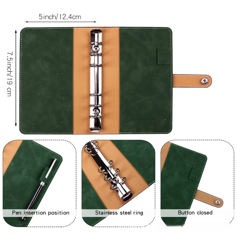 Caderno A6 de couro PU com mecanismo de 6 argolas, inclui 12 bolsos com zíper e 16 adesivos – perfeito para orçamento, diário e organização_voghion.com